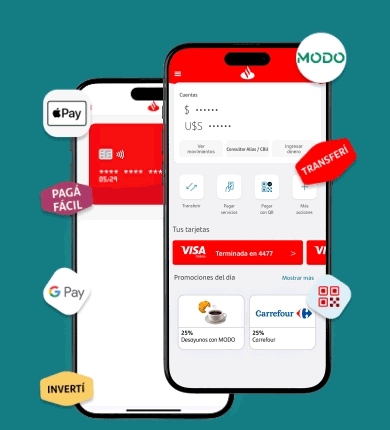 App Santander en celular mostrando saldos, tarjetas y promociones, con íconos de MODO, Apple Pay, Google Pay y funciones como transferencias, pagos y ahorro