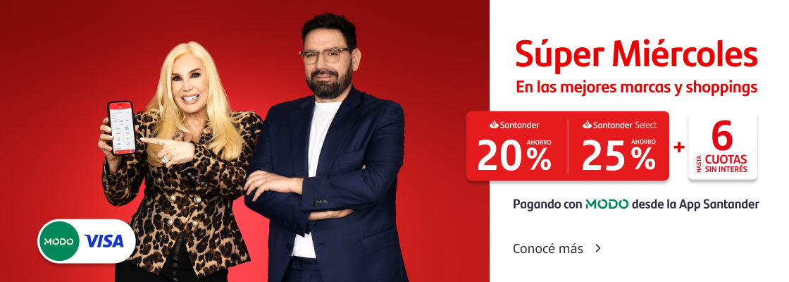 ¡Súper Miércoles! Hasta 25% de ahorro y hasta 6 cuotas sin interés pagando con tu Tarjeta Santander Visa con MODO desde la App Santander. Conocé más.