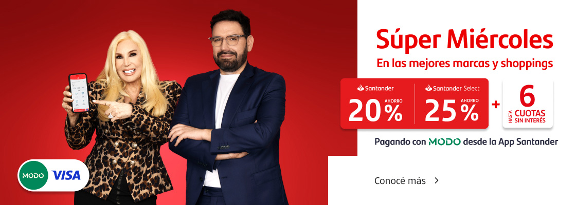 ¡Súper Miércoles! Hasta 25% de ahorro y hasta 6 cuotas sin interés pagando con tu Tarjeta Santander Visa con MODO desde la App Santander. Conocé más.
