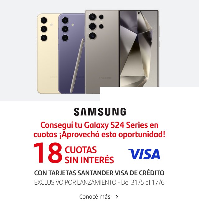 Conseguí tu Galaxy S24 Series en 18 cuotas sin interés con tu Tarjeta Santander Visa. ¡Aprovechá esta oportunidad! Promoción exclusiva prelanzamiento del 31/05 al 17/06.