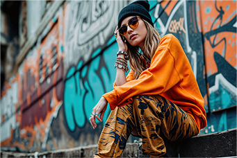 Chica vestida con ropa moderna sentada frente a un mural