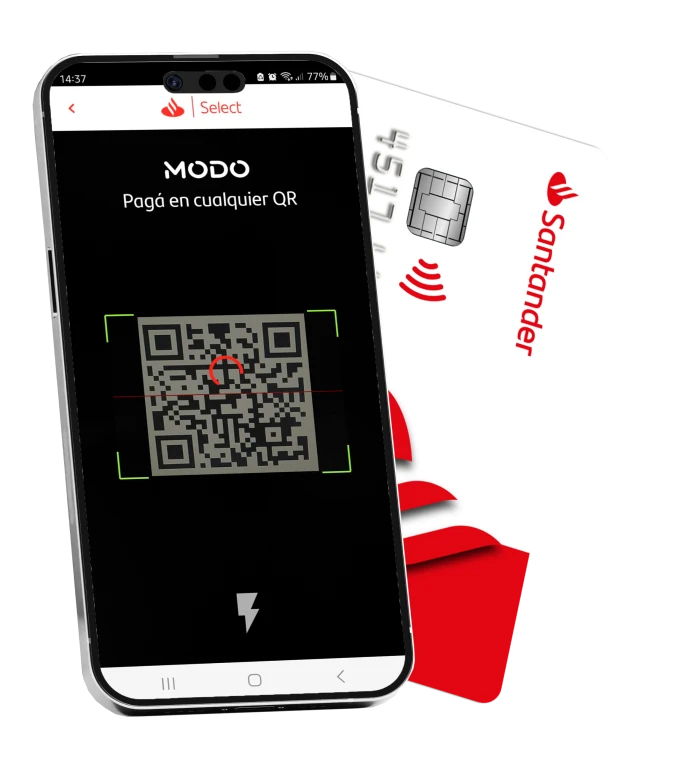 Primer plano de un celular con la interfaz de la App Santander, destacando un codigo QR, y una tarjeta de debito detrás