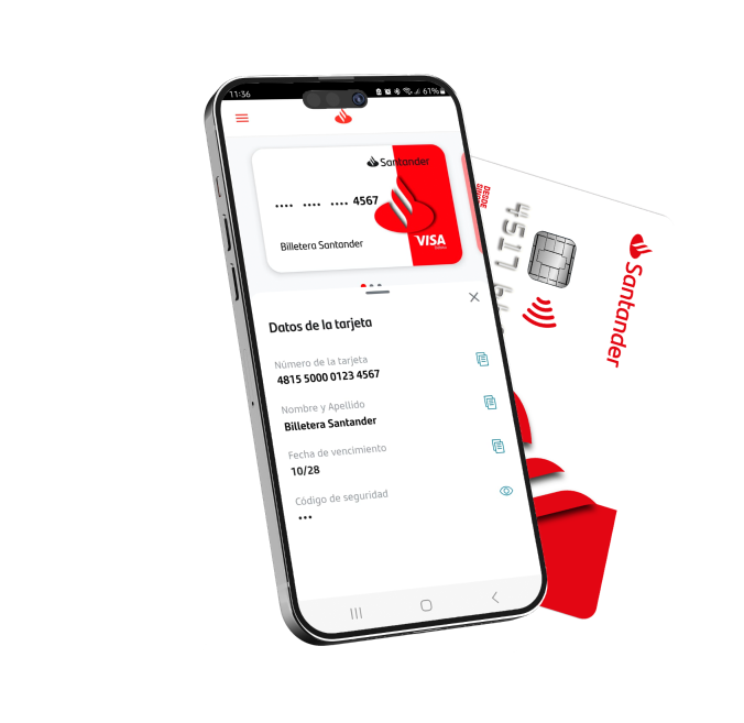 Celular con la interfaz de la billetera Santander en pantalla, acompañado de una tarjeta digital