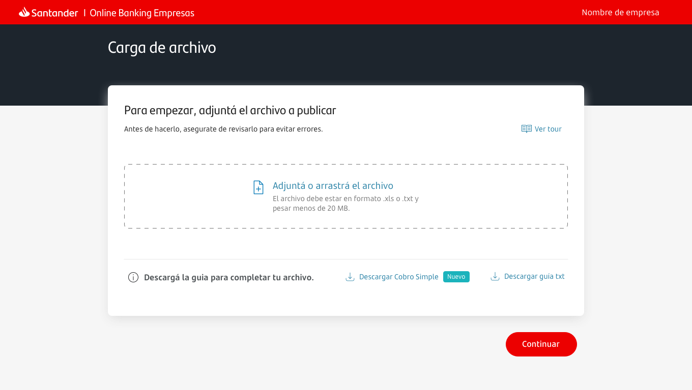 Pantalla para cargar el archivo con las deudas