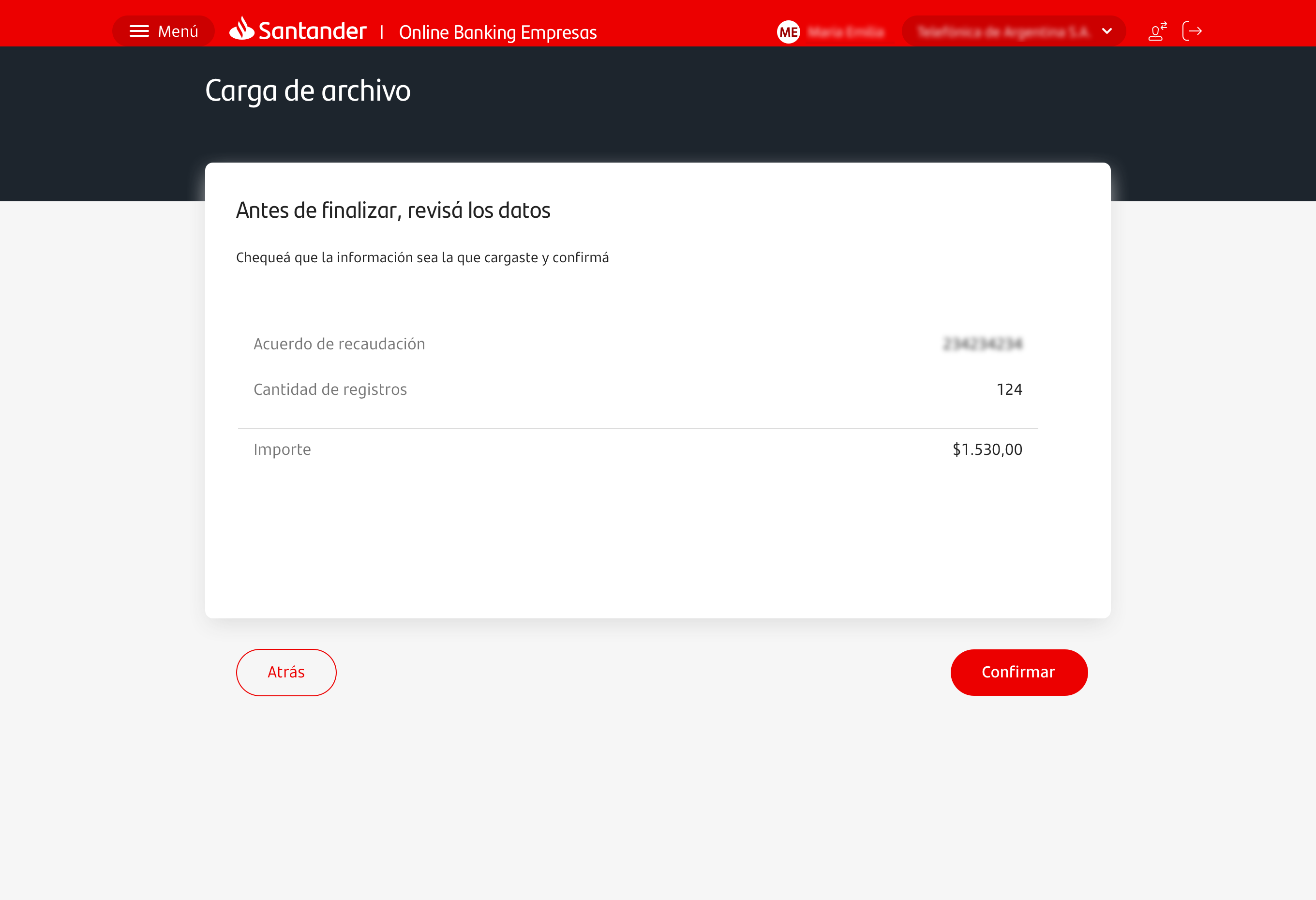 Pantalla de confirmación de solicitud