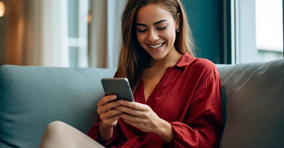 Señorita sonriendo mientras sostiene un celular, satisfecha de lo que está haciendo