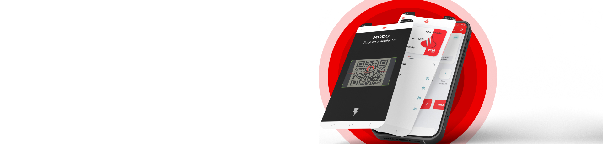 Tres vistas de la App Santander en un teléfono: escáner de QR, tarjeta digital Visa y menú de cuenta