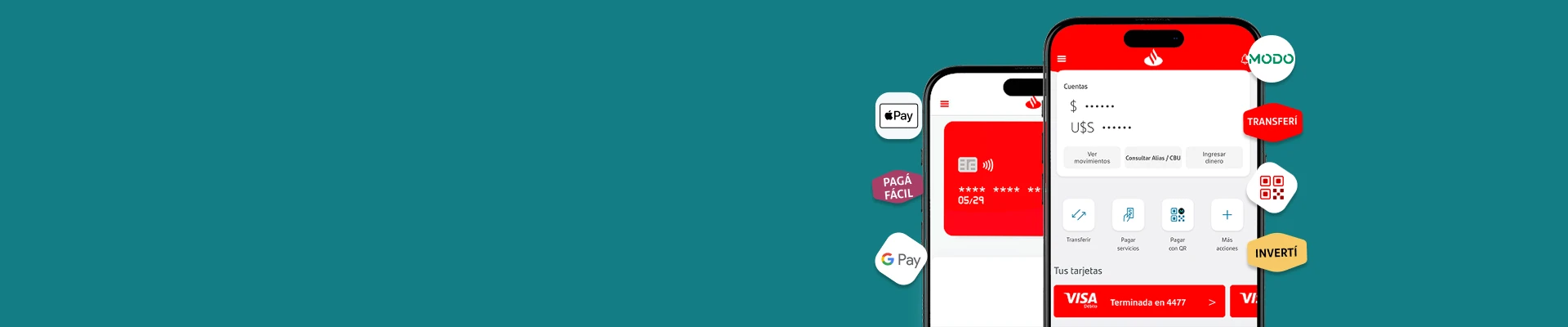 App Santander en celular mostrando saldos, tarjetas y promociones, con íconos de MODO, Apple Pay, Google Pay y funciones como transferencias, pagos y ahorro